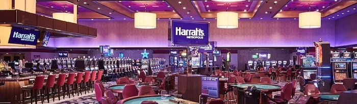 Interior shot of Harrah's Metropolis, with slot machines and card tables